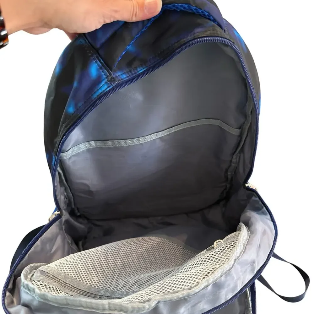 Backpack, kids, soccer ball, flames, blue black tie dye, multi-compartment